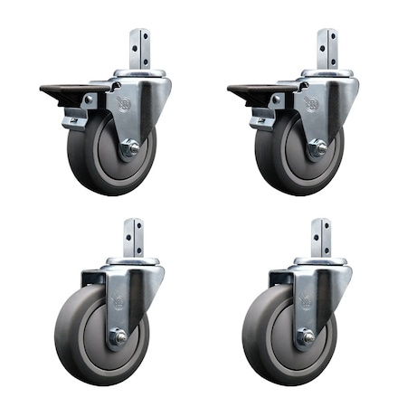 Service Caster 4'' Thermoplastic Rubber Swivel 3/4'' Square Stem Caster Set 2 Brakes, 4PK SCC-SQ20S414-TPRB-PLB-34-2-S-2
